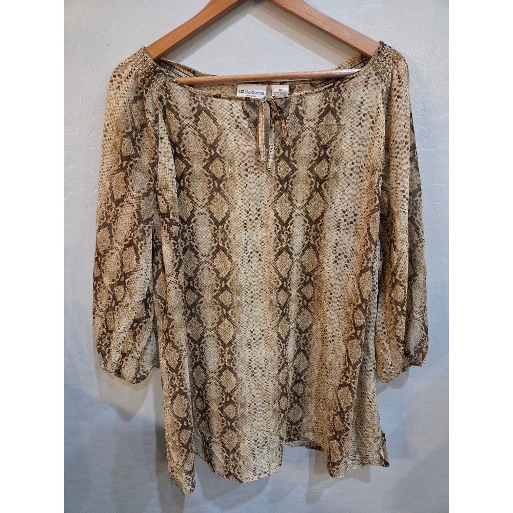 Liz Claiborne Woman Snakeskin Print Blouse Y2K Flowy 3/4 Sleeve Top 1XL Brown